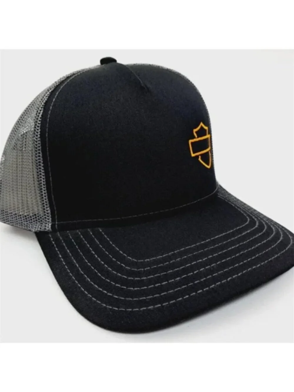 Bar Shield Outline Orange Embroidered Black Grey Trucker Hat Snapback New Harley